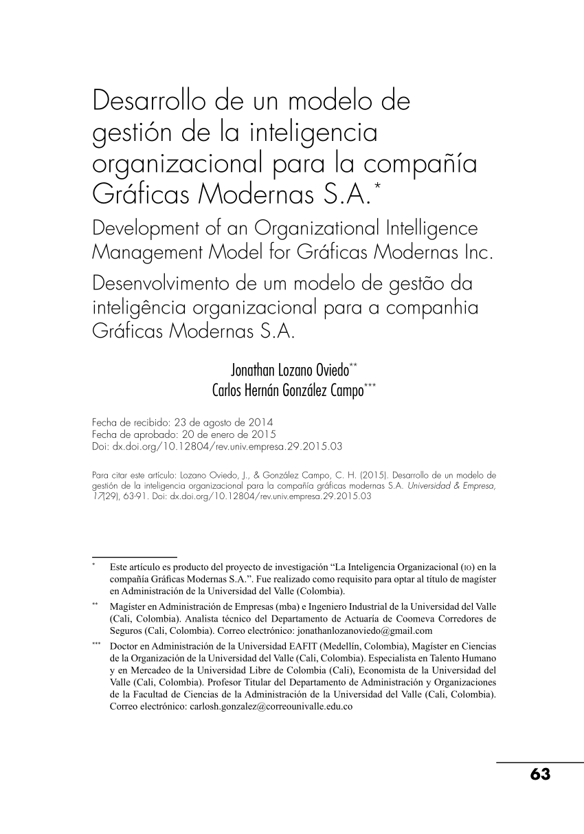 PDF) Desarrollo de un modelo de gestión de la inteligencia organizacional  para la compañía Gráficas Modernas .