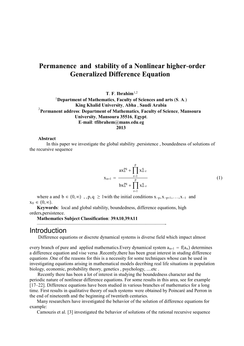 Pdf Permanence And Stability Of A Nonlinear High Order Generalized Difference Equation
