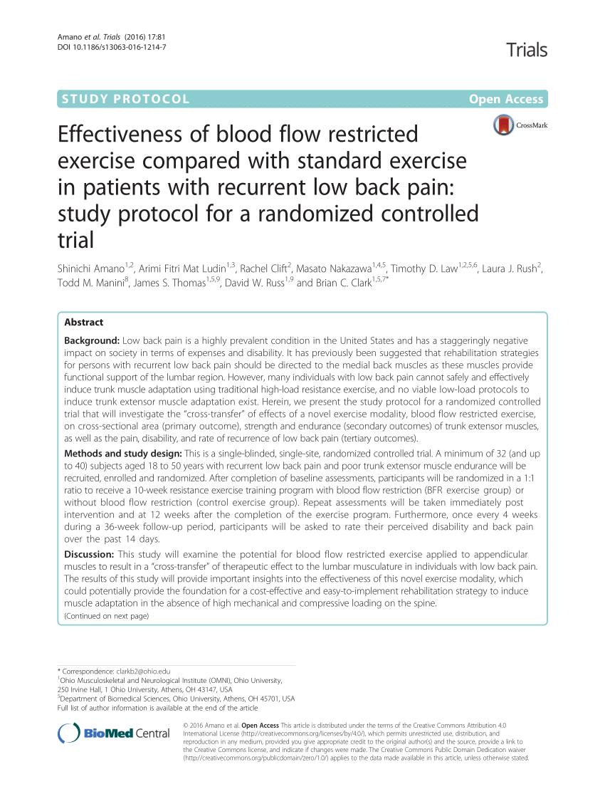 PDF) Effectiveness of blood flow restricted exercise compared with standard exercise in patients with recurrent low back pain Study protocol for a randomized controlled trial