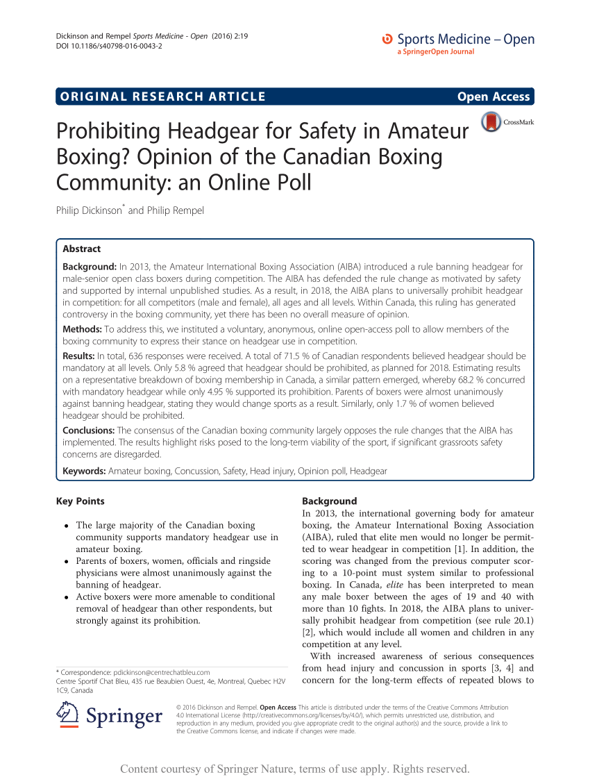 PDF) Prohibiting Headgear for Safety in Amateur Boxing? Opinion of the Canadian Boxing Community an Online Poll