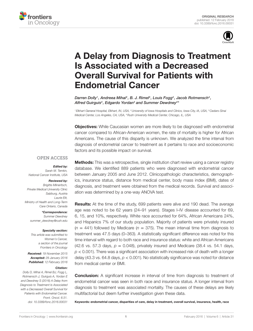 PDF) A Delay from Diagnosis to Treatment Is Associated with a Decreased  Overall Survival for Patients with Endometrial Cancer