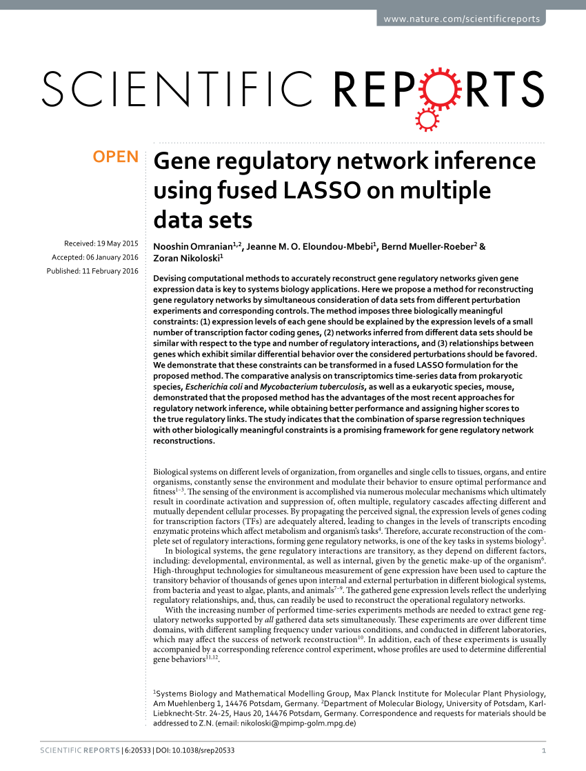 PDF) Gene regulatory network inference using fused LASSO on ...