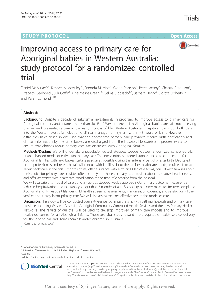 PDF) Improving access to primary care for Aboriginal babies in Australia: Study protocol for a randomized controlled trial