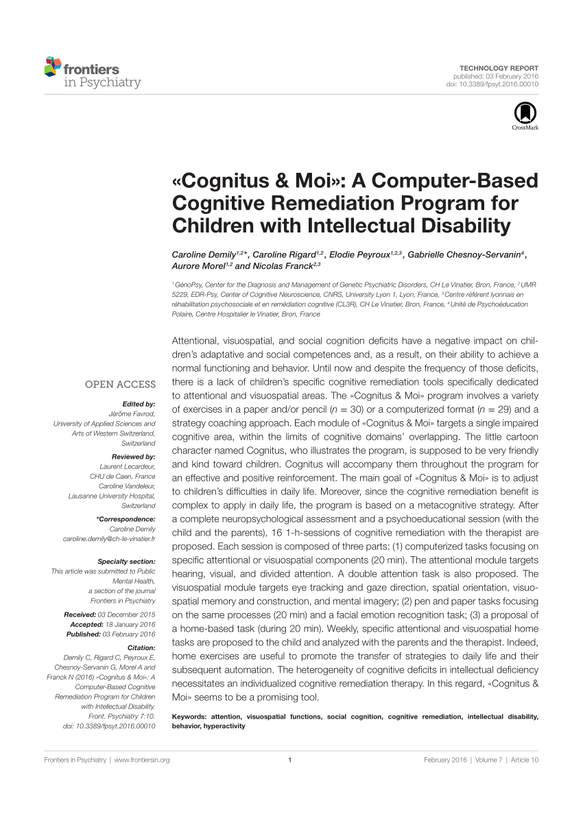 Pdf Cognitus Moi A Computer Based Cognitive Remediation Program For Children With Intellectual Disability