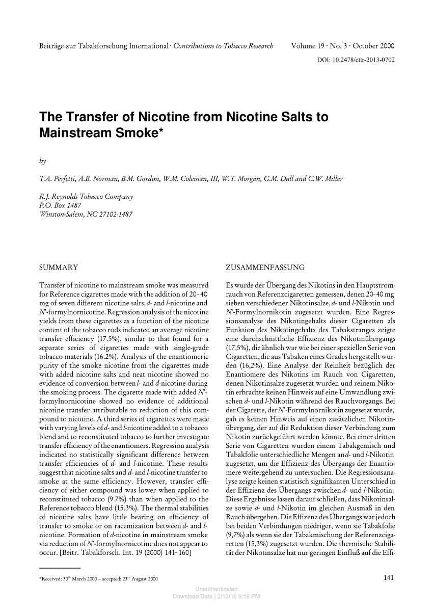 Pdf The Transfer Of Nicotine From Nicotine Salts To Mainstream Smoke