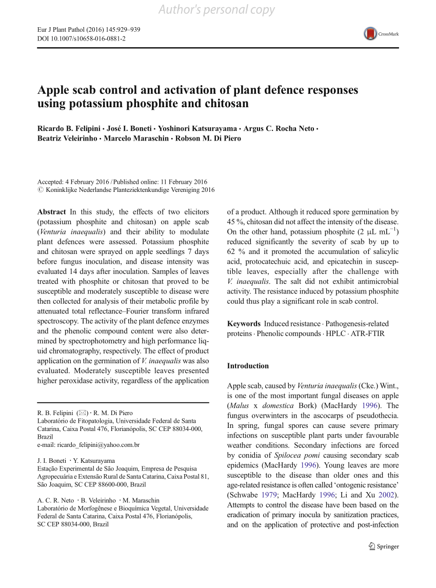 Pdf Apple Scab Control And Activation Of Plant Defence Responses Using Potassium Phosphite And Chitosan