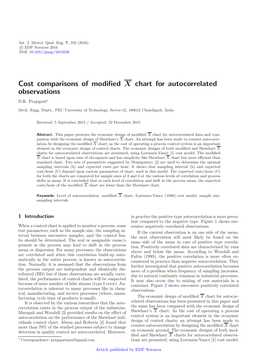 (PDF) Cost comparisons of modified X̅ chart for autocorrelated observations
