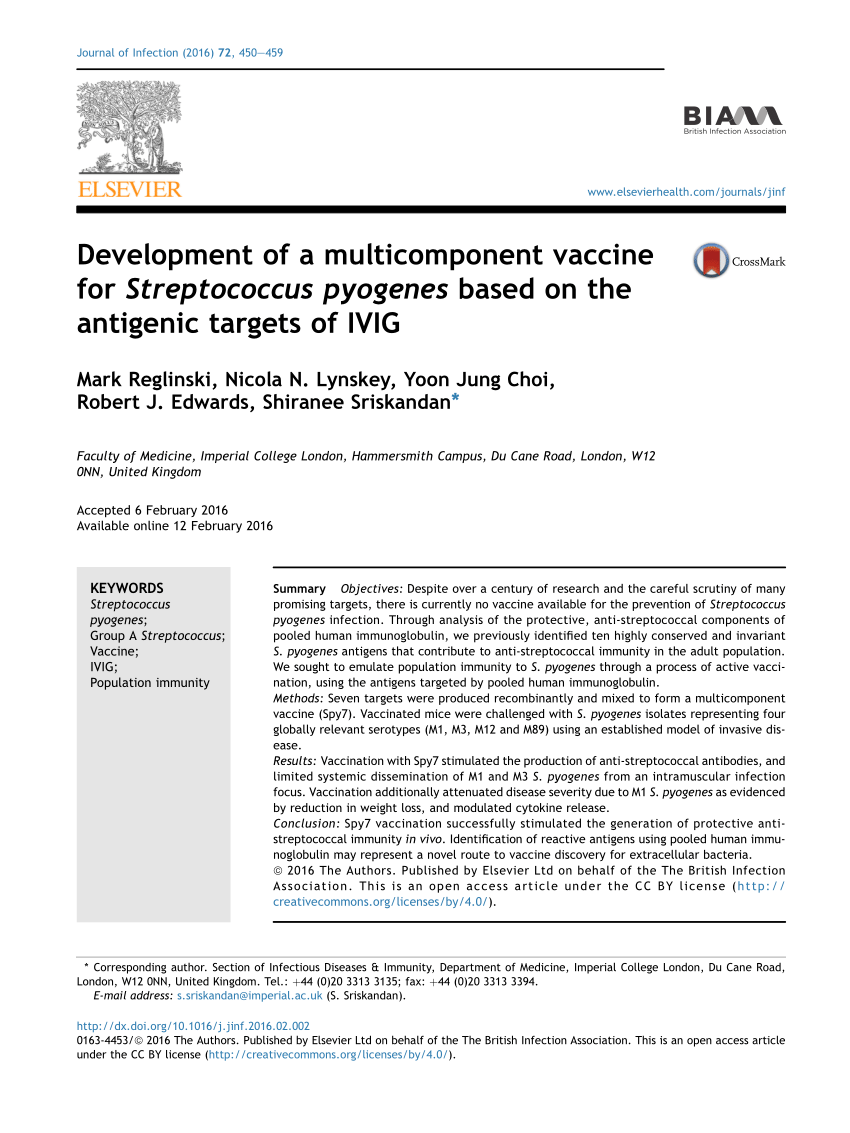 Pdf Development Of A Multicomponent Vaccine For Streptococcus Pyogenes Based On The Antigenic Targets Of Ivig