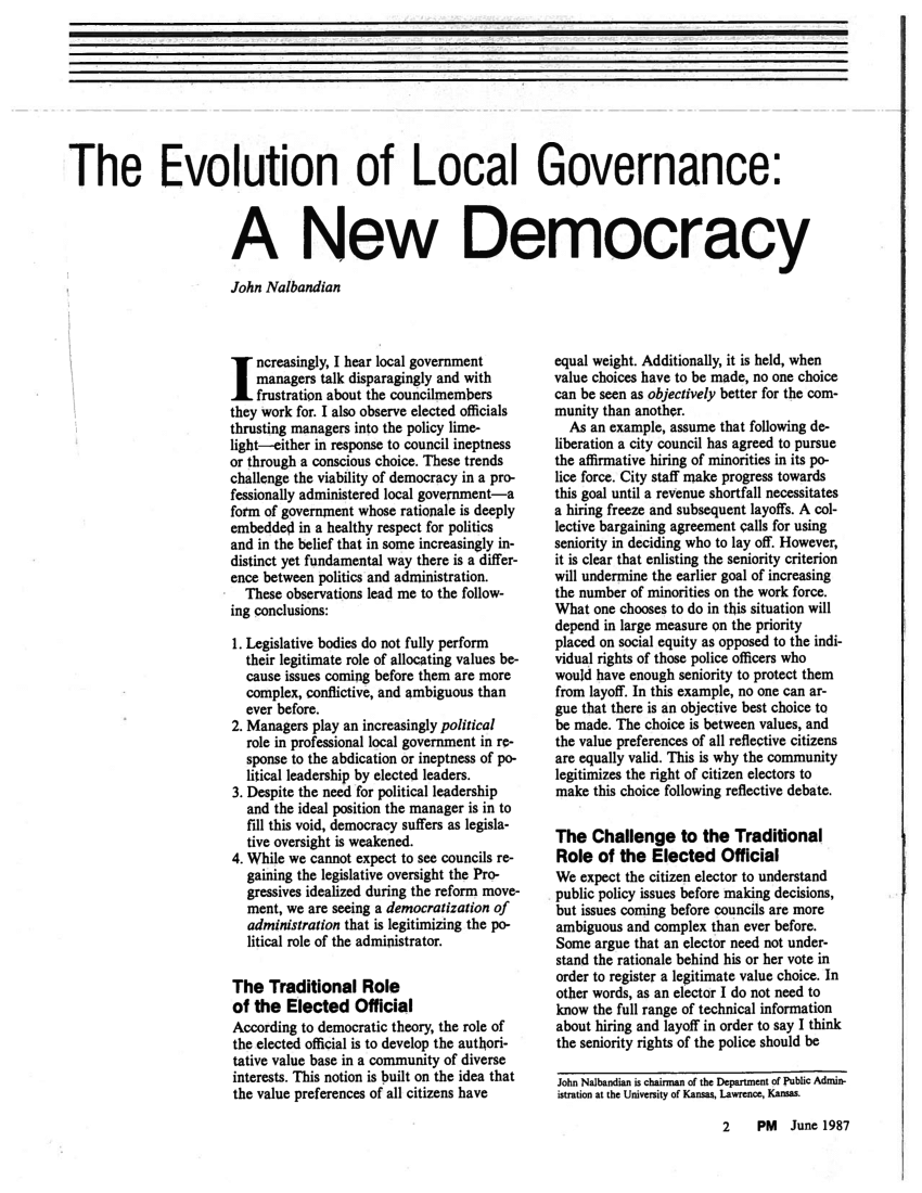 Pdf) The Evolution Of Local Governance: A New Democracy