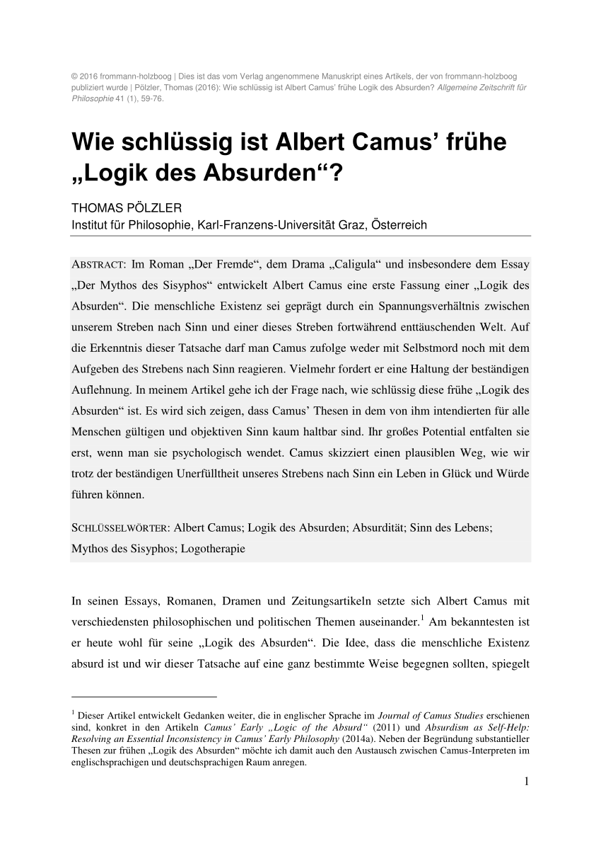 Pdf Wie Schlüssig Ist Albert Camus Frühe Logik Des Absurden
