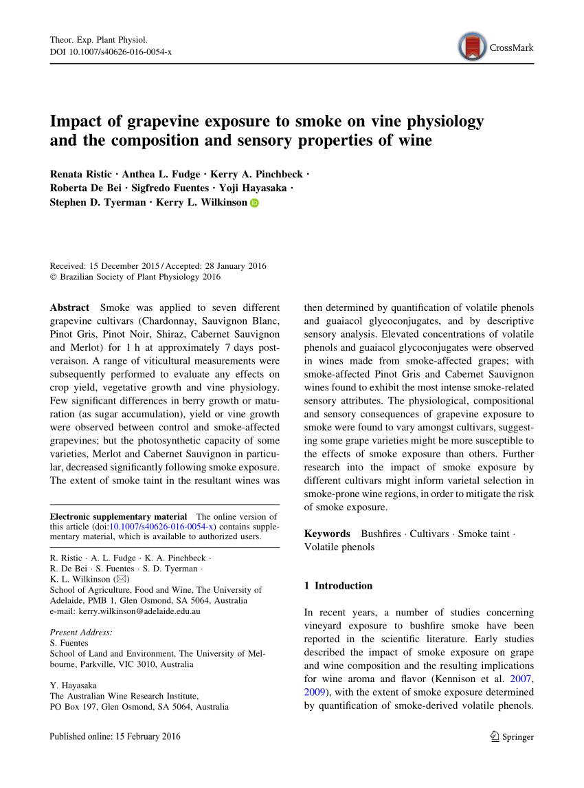 Pdf Impact Of Grapevine Exposure To Smoke On Vine Physiology And The Composition And Sensory Properties Of Wine