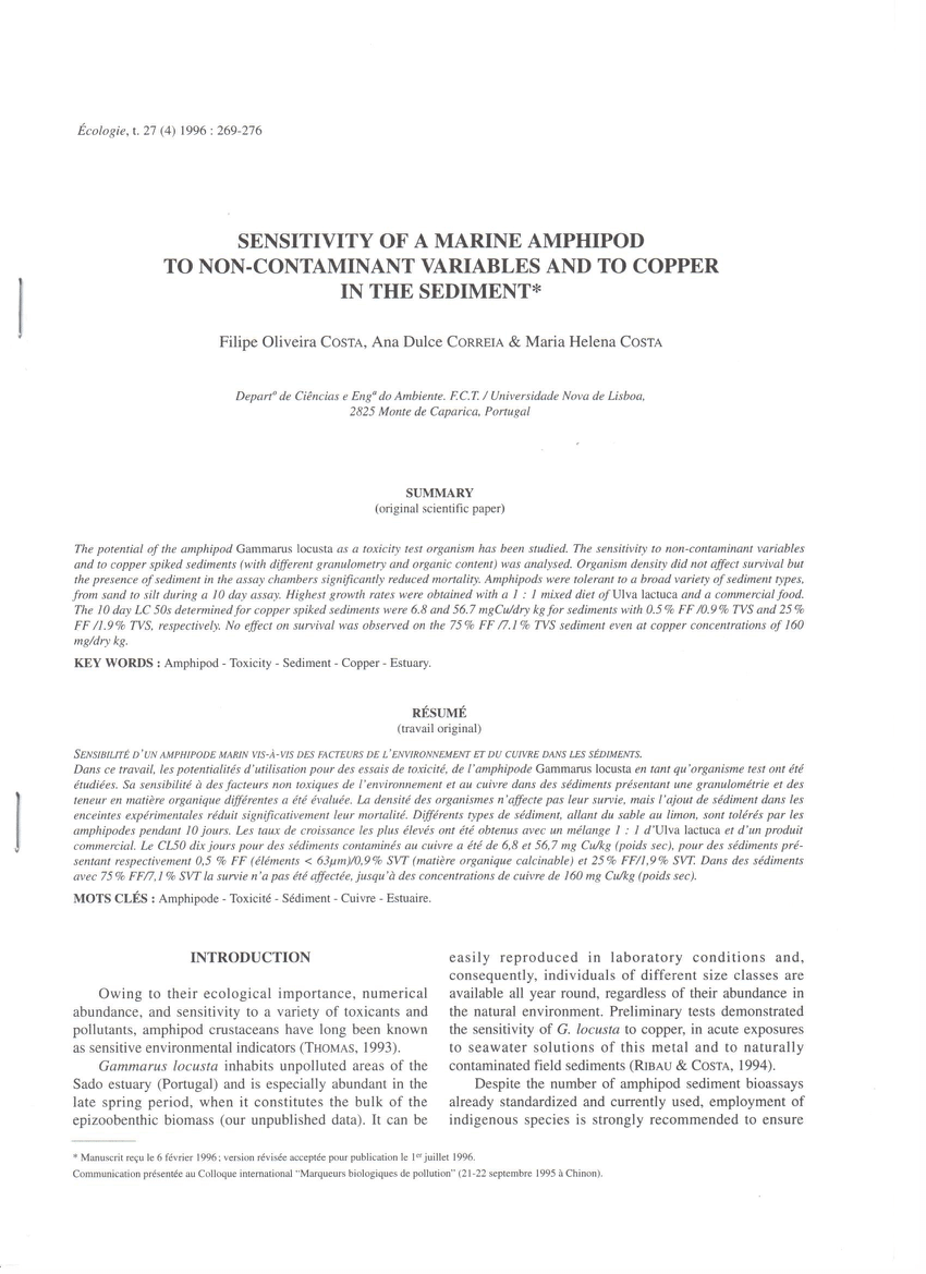 Pdf Sensitivity Of A Marine Amphipod To Non Contaminant Variables And To Copper In The Sediment