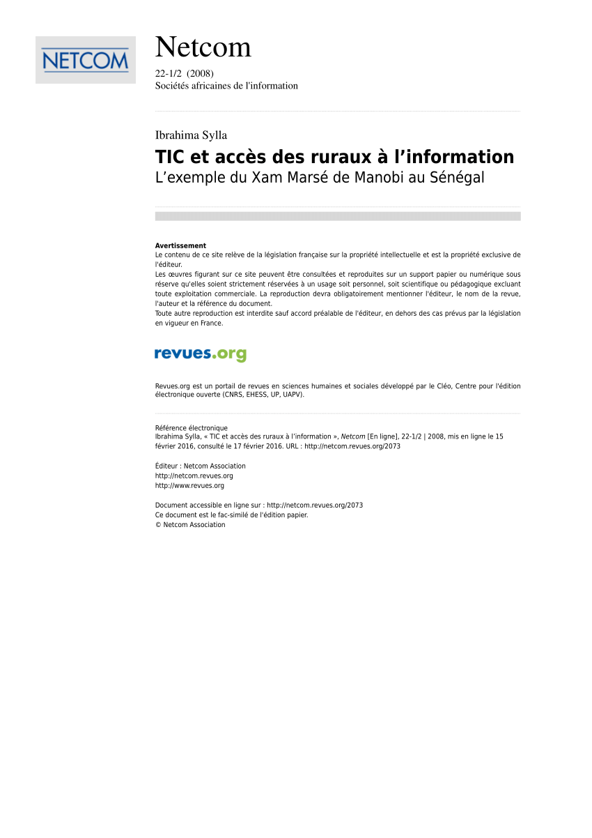 Pdf Tic Et Acces Des Ruraux A L Information
