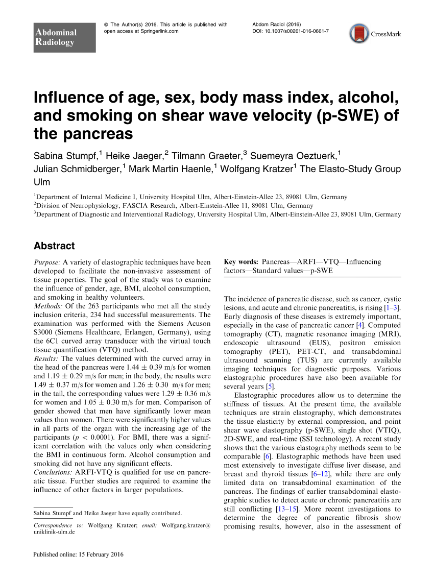 Pdf Influence Of Age Sex Body Mass Index Alcohol And Smoking On Shear Wave Velocity P Swe 