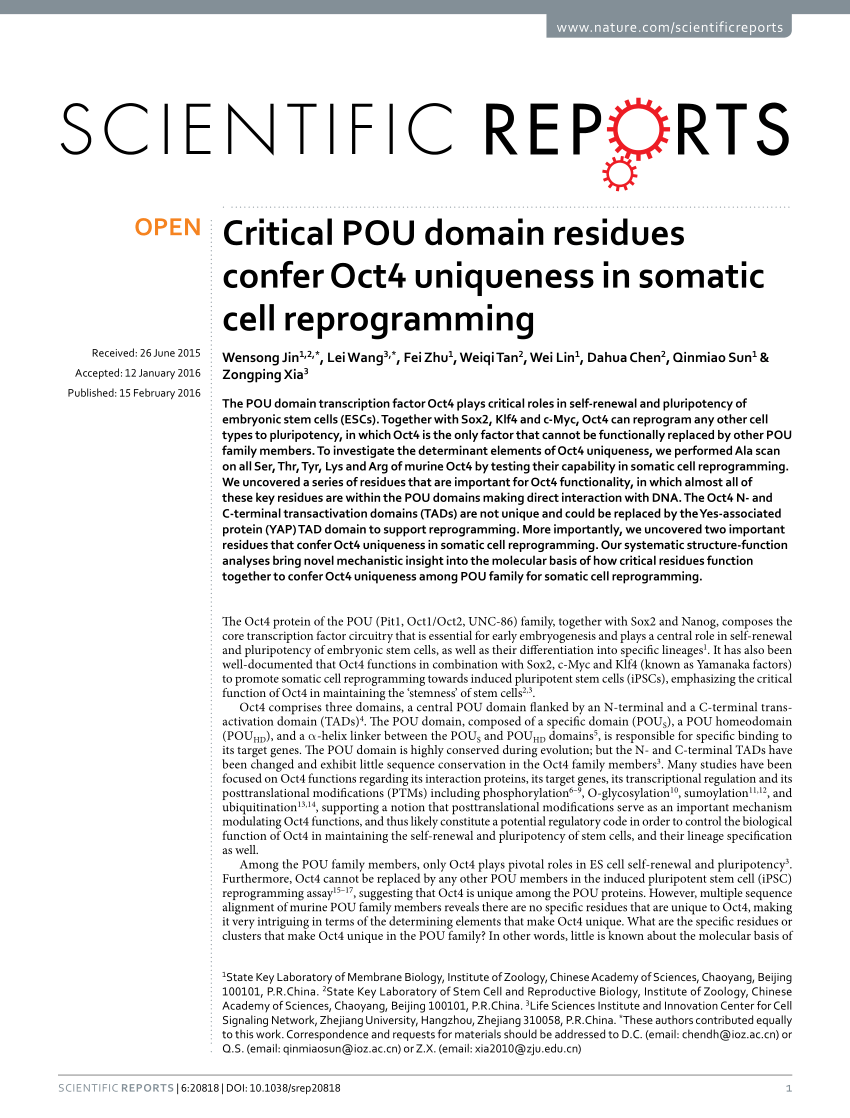 Critical POU domain residues confer Oct4 uniqueness in somatic cell  reprogramming