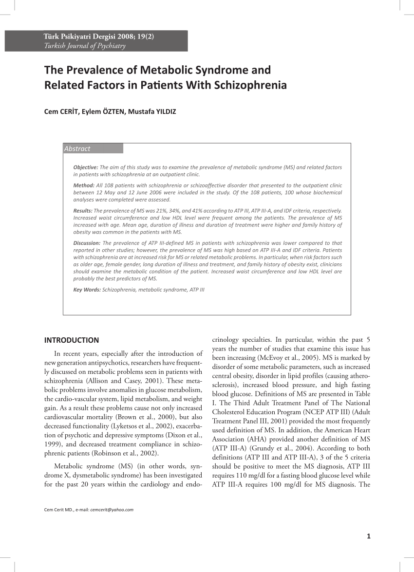 Pdf The Prevalence Of Metabolic Syndrome And Related Factors In Patients With Schizophrenia
