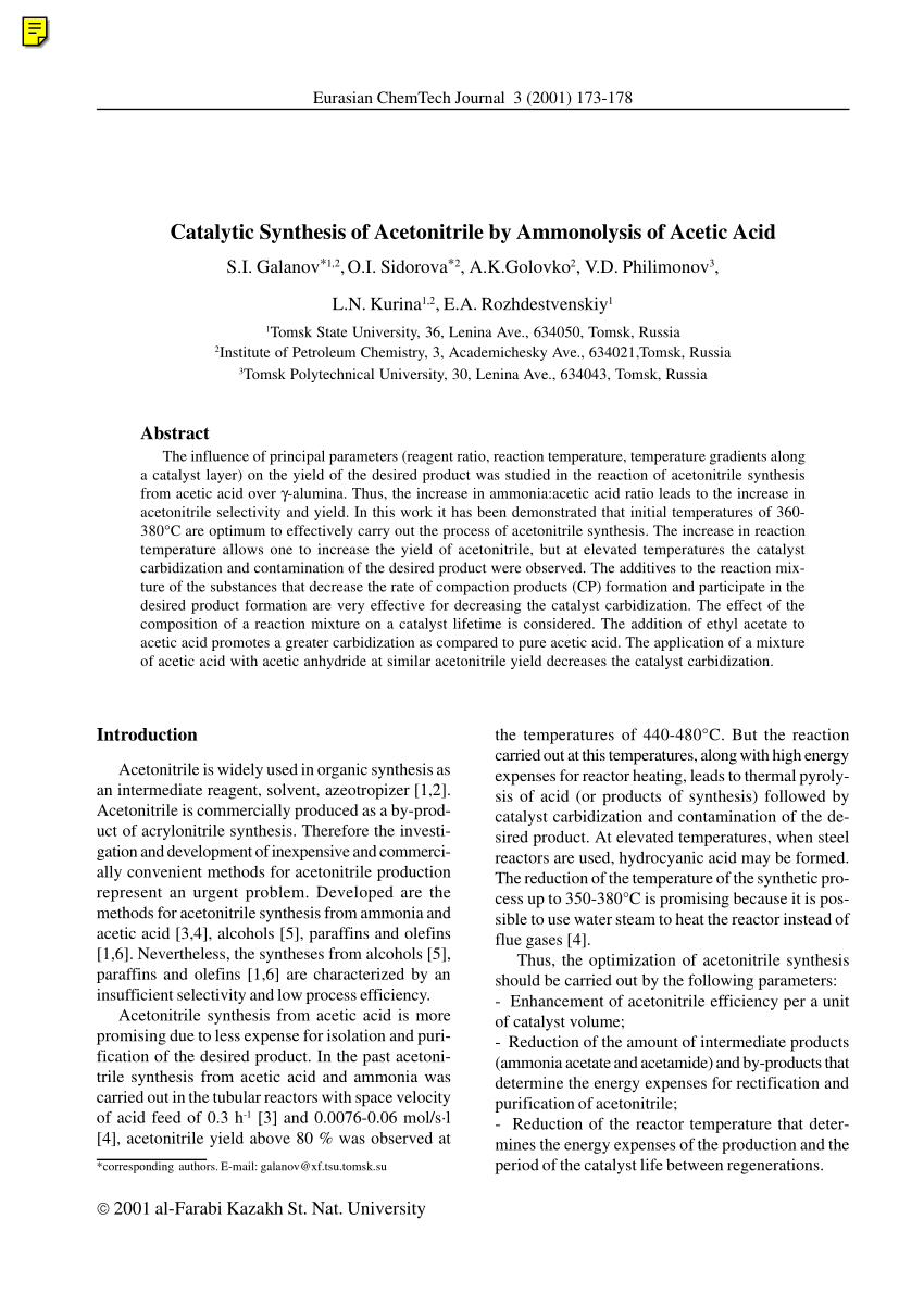 Pdf Synthesis Of Acetonitrile By Catalytic Ammonolysis Of Acetic Acid