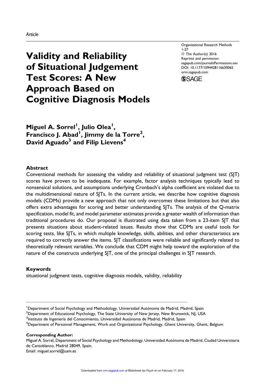 Pdf Validity And Reliability Of Situational Judgement Test Scores A New Approach Based On Cognitive Diagnosis Models