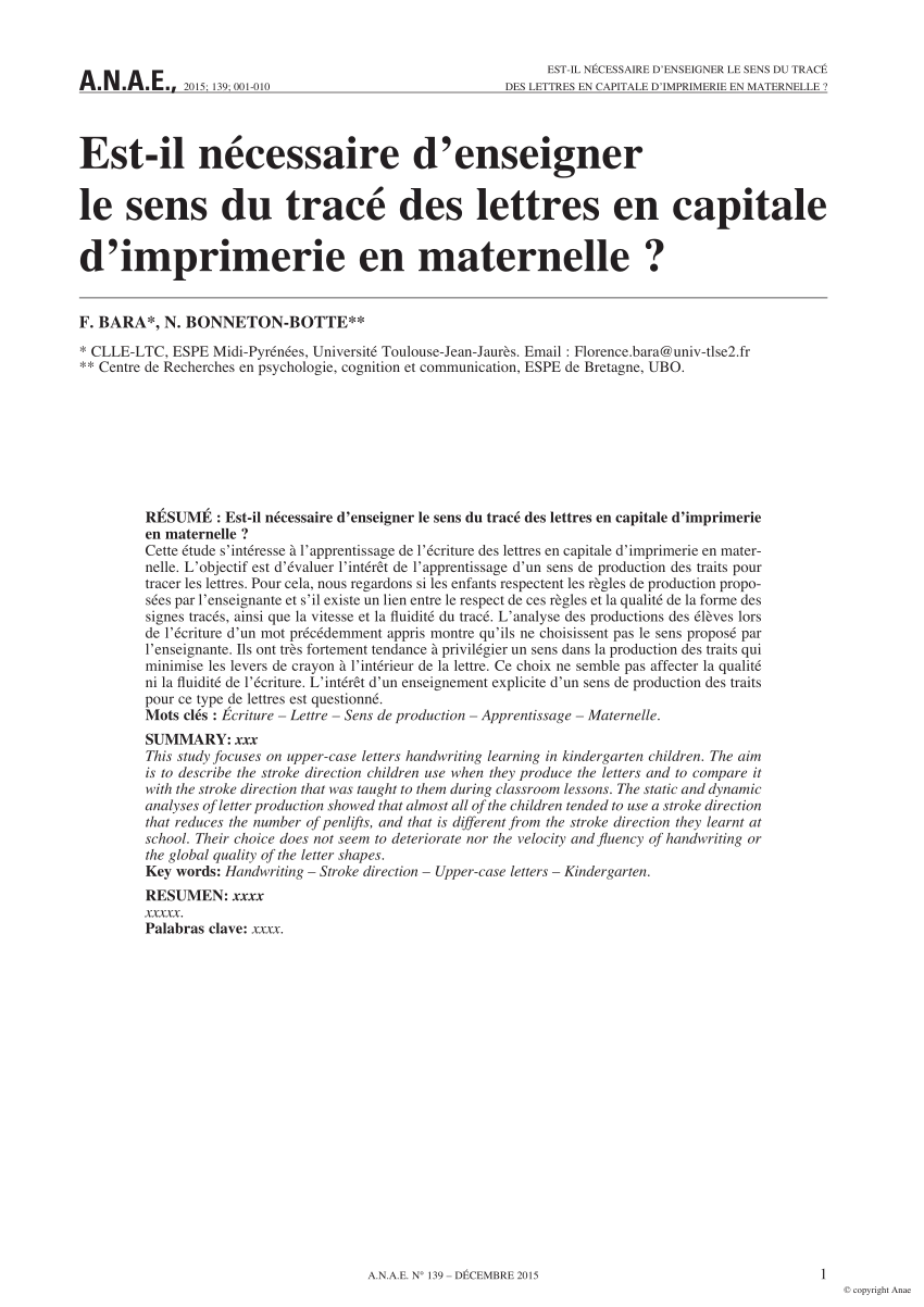 Pdf Est Il Necessaire D Enseigner Le Sens Du Trace Des Lettres En Capitale D Imprimerie En Maternelle