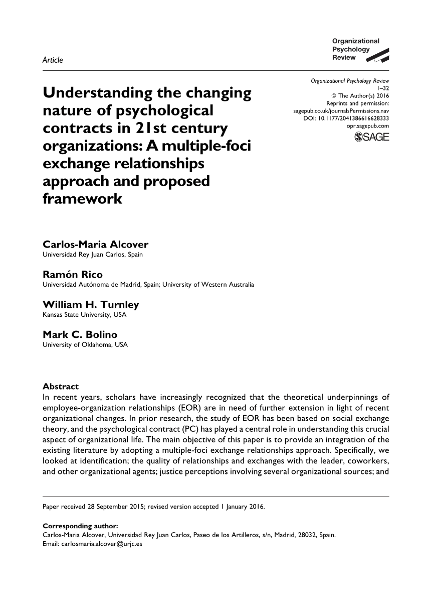Pdf Understanding The Changing Nature Of Psychological Contracts In 21st Century Organizations A Multiple Foci Exchange Relationships Approach And Proposed Framework
