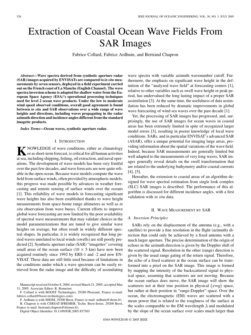 Pdf Extraction Of Coastal Ocean Wave Fields From Sar Images