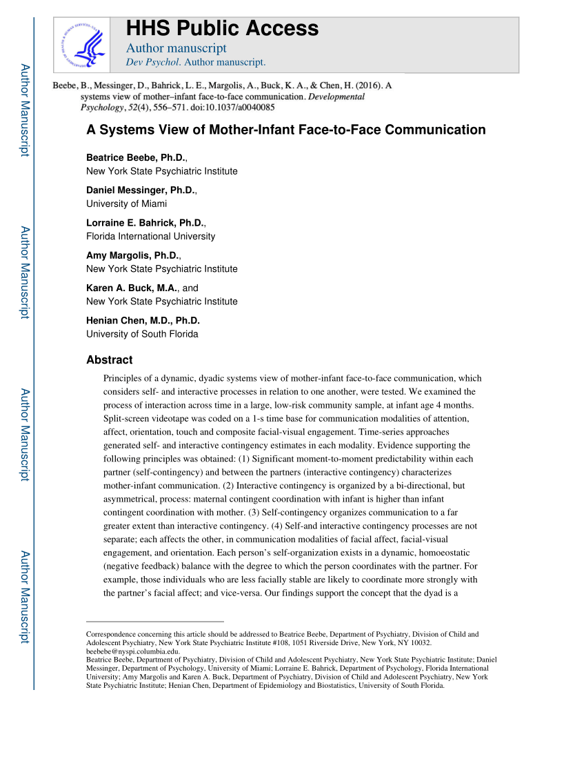 PDF A Systems View of Mother Infant Face to Face Communication