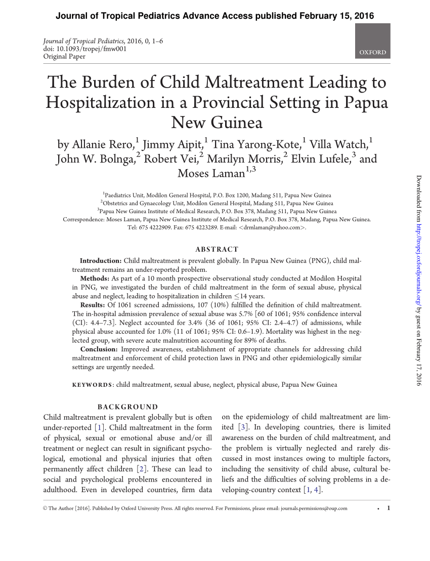 Pdf The Burden Of Child Maltreatment Leading To Hospitalization In A Provincial Setting In Papua New Guinea