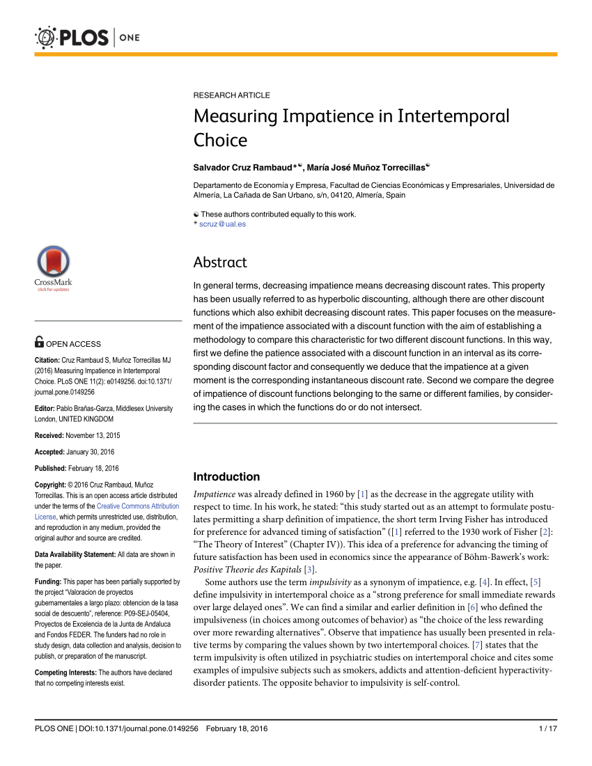 Pdf Measuring Impatience In Intertemporal Choice