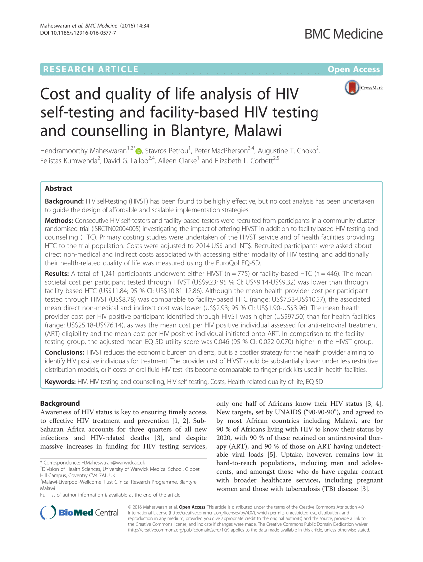 Pdf Cost And Quality Of Life Analysis Of Hiv Self Testing And Facility Based Hiv Testing And Counselling In Blantyre Malawi