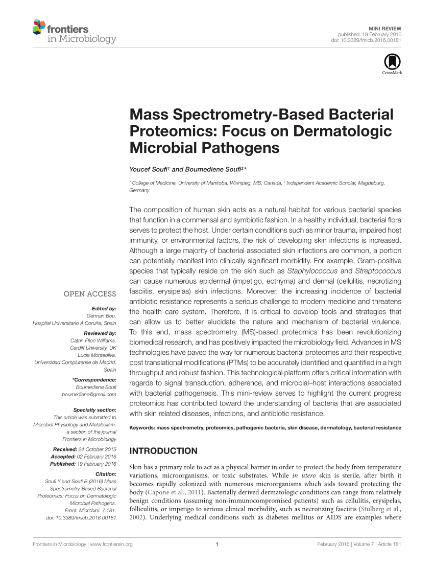 PDF Mass Spectrometry Based Bacterial Proteomics Focus On Dermatologic Microbial Pathogens