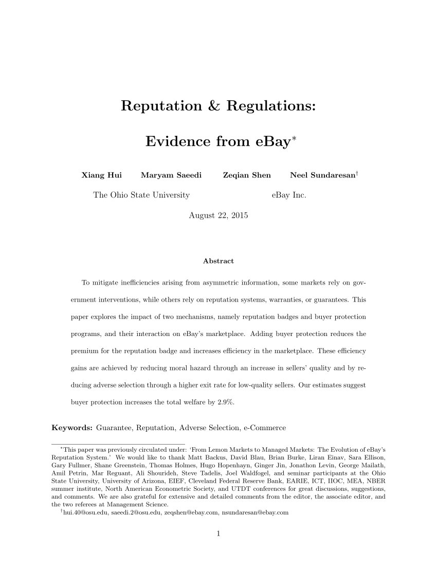 Pdf Reputation And Regulations Evidence From Ebay