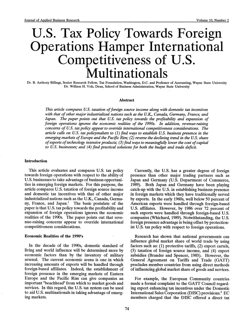 (PDF) U.S. Tax Policy Towards Foreign Operations Hamper ...