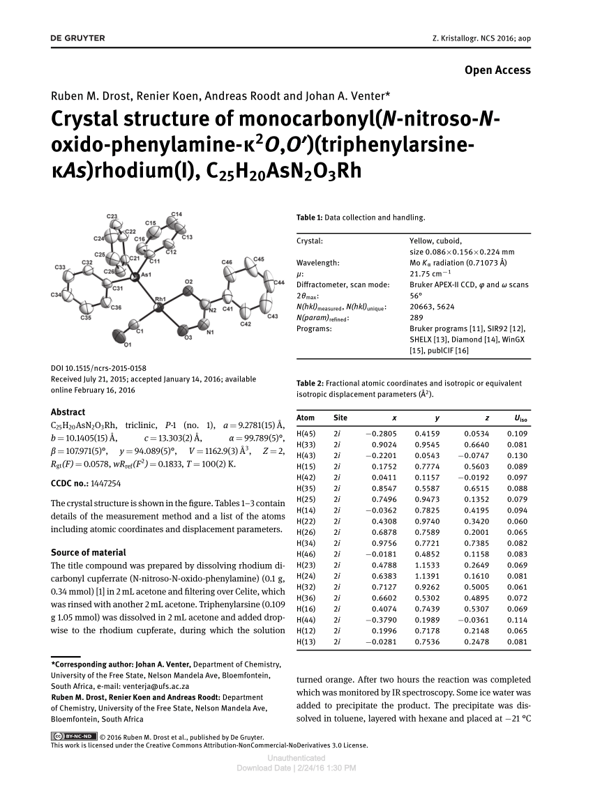 Pdf Crystal Structure Of Monocarbonyl N Nitroso N Oxido Phenylamine K2o O Triphenylarsine Kas Rhodium I C25hasn2o3rh
