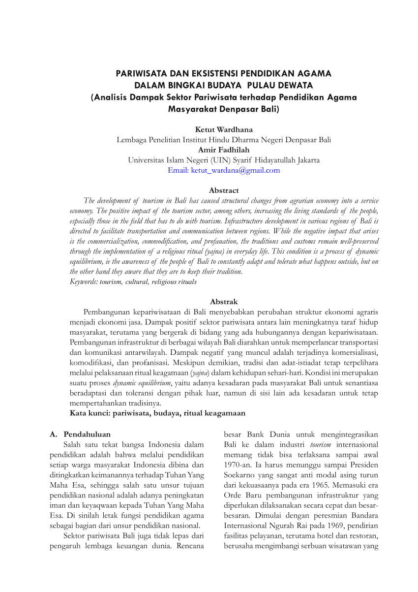 Pdf Pariwisata Dan Eksistensi Pendidikan Agama Dalam Bingkai Budaya Pulau Dewata Analisis 4742