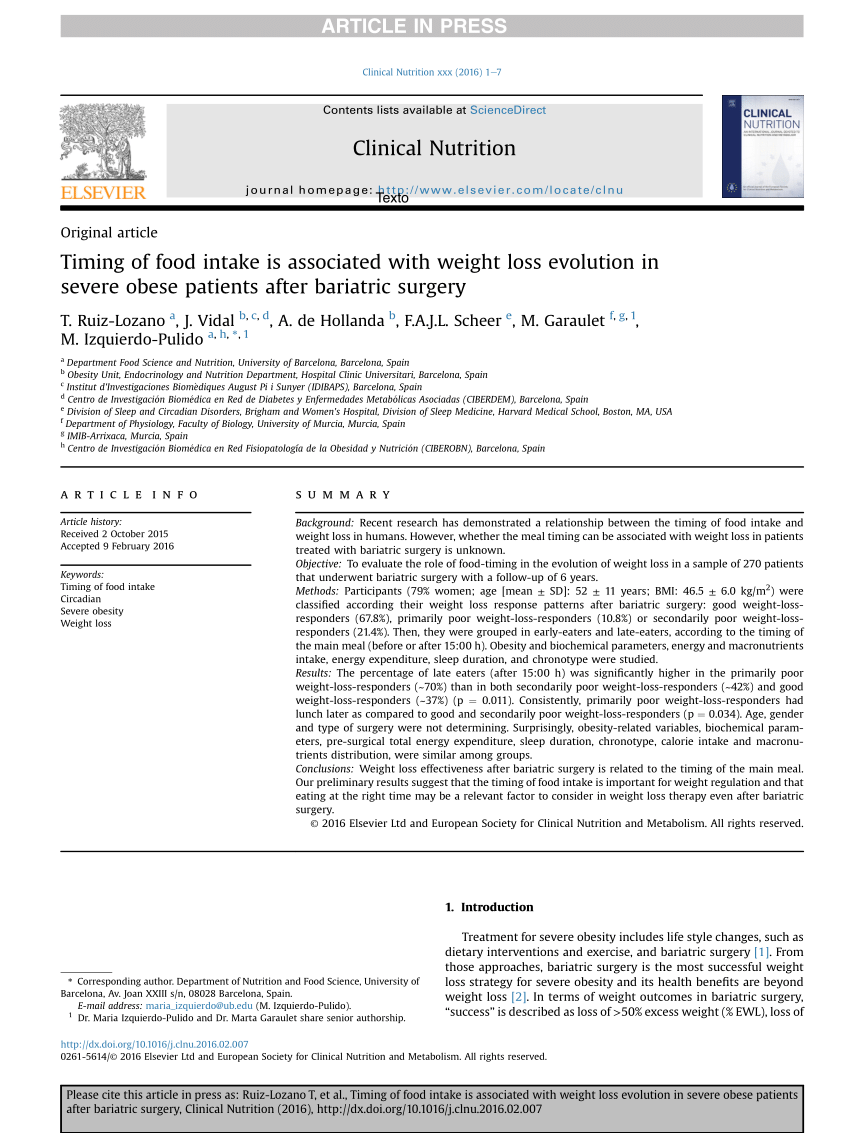 PDF Timing of food intake is associated with weight loss  