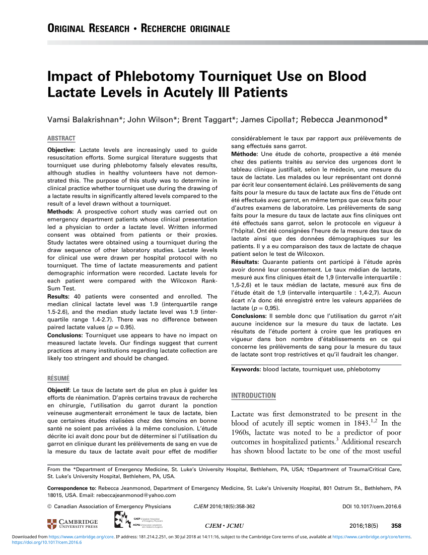 (PDF) Impact of Phlebotomy Tourniquet Use on Blood Lactate Levels in