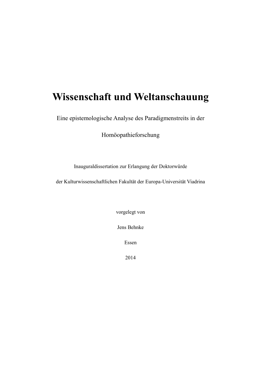 PDF Wissenschaft und Weltanschauung Eine epistemologische Analyse des Paradigmenstreits in der Homöopathieforschung