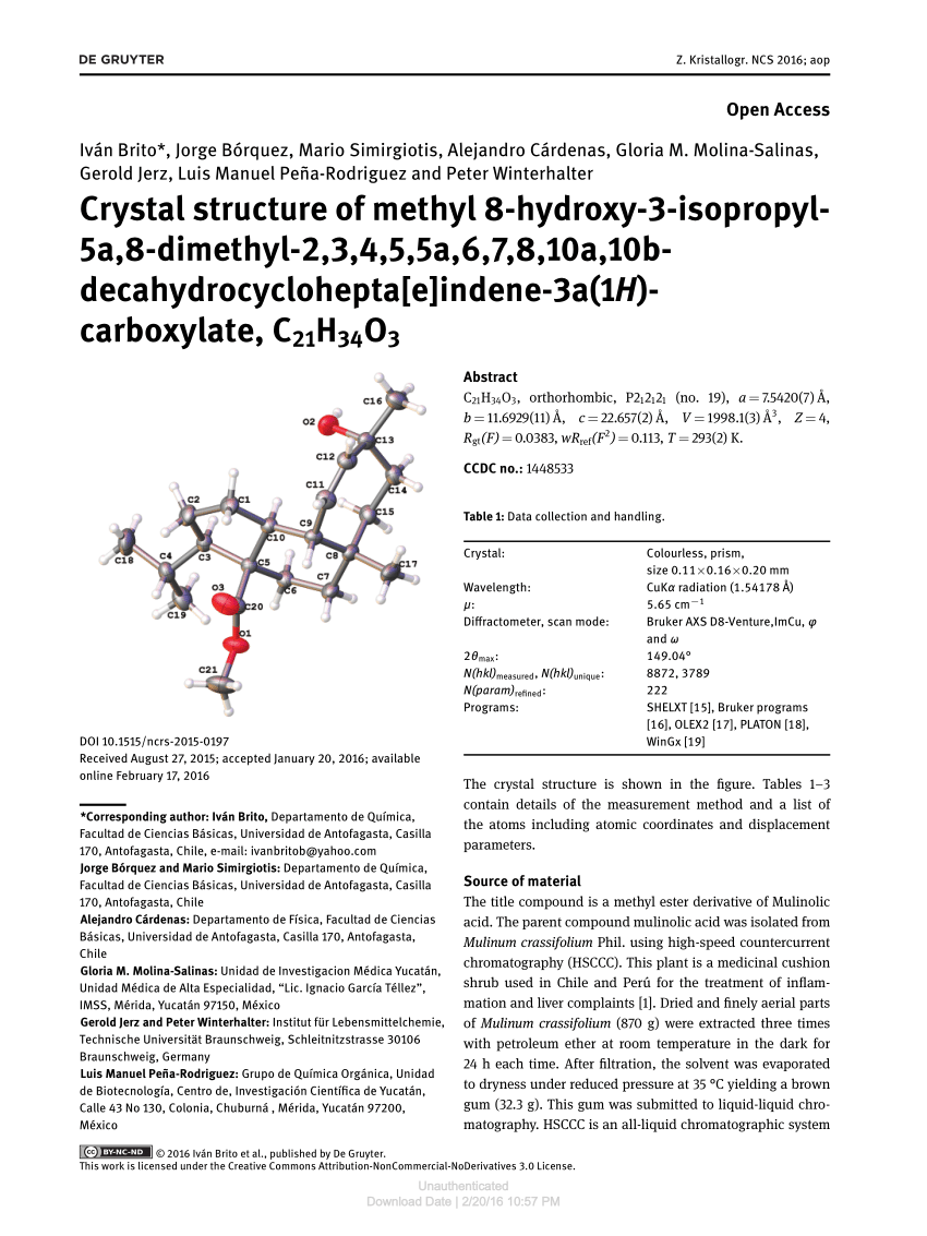 Pdf Crystal Structure Of Methyl 8 Hydroxy 3 Isopropyl 5a 8 Dimethyl 2 3 4 5 5a 6 7 8 10a 10b Decahydrocyclohepta E Indene 3a 1h Carboxylate C21h34o3