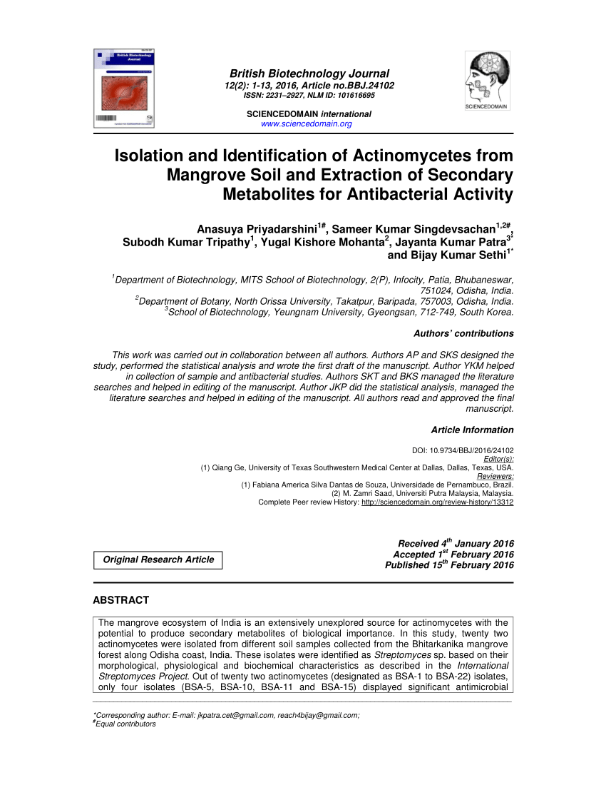 PDF) Isolation and Identification of Actinomycetes from Mangrove 
