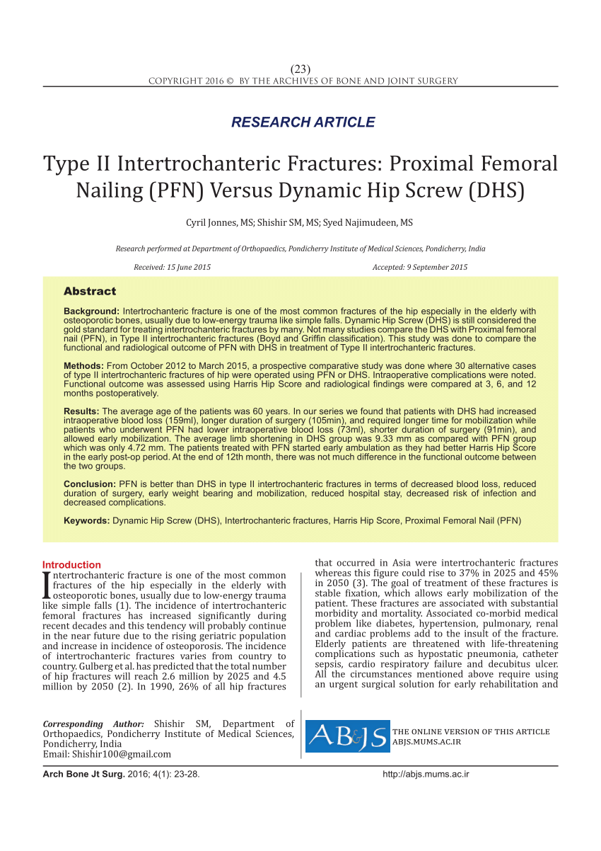 PDF) Type II intertrochanteric fractures: Proximal femoral nailing (PFN) versus  Dynamic Hip Screw (DHS)