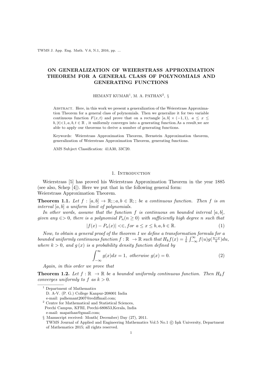Pdf On Generalization Of Weierstrass Approximation Theorem For A General Class Of Polynomials And Generating Functions