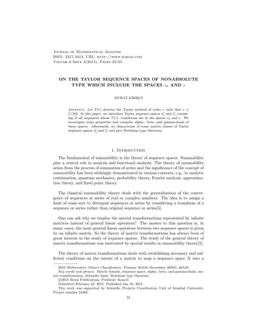 Pdf On The Taylor Sequence Spaces Of Nonabsolute Type Which Include The Spaces C 0