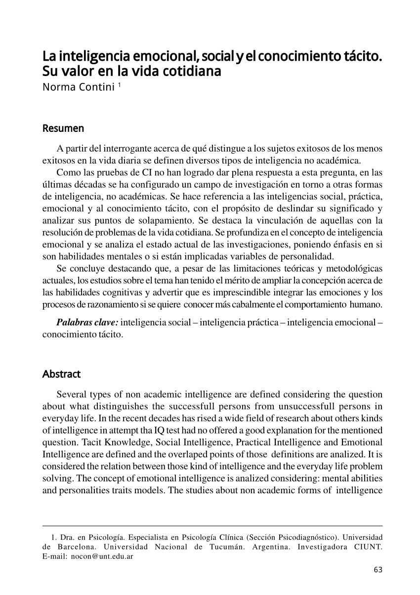 Pdf La Inteligencia Emocional Social Y El Conocimiento Tacito Su Valor En La Vida Cotidiana