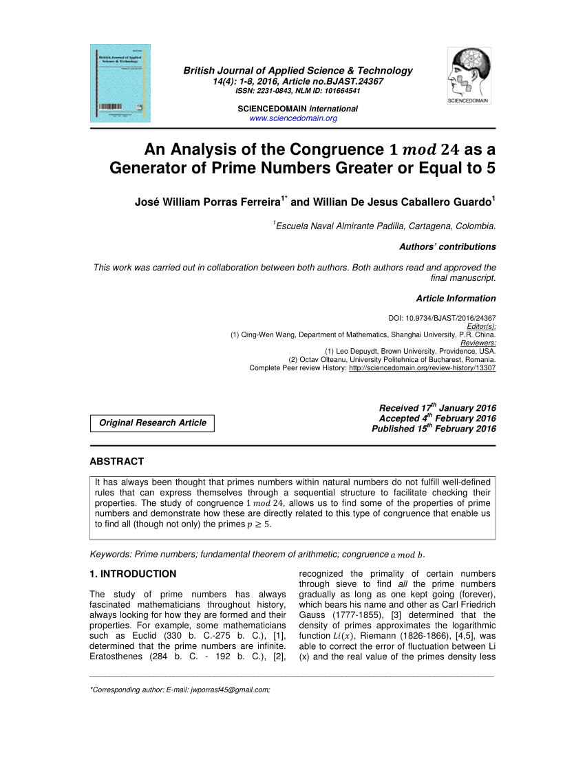 Pdf An Analysis Of The Congruence 1 Mod 24 As A Generator Of Prime Numbers Greater Or Equal To 5