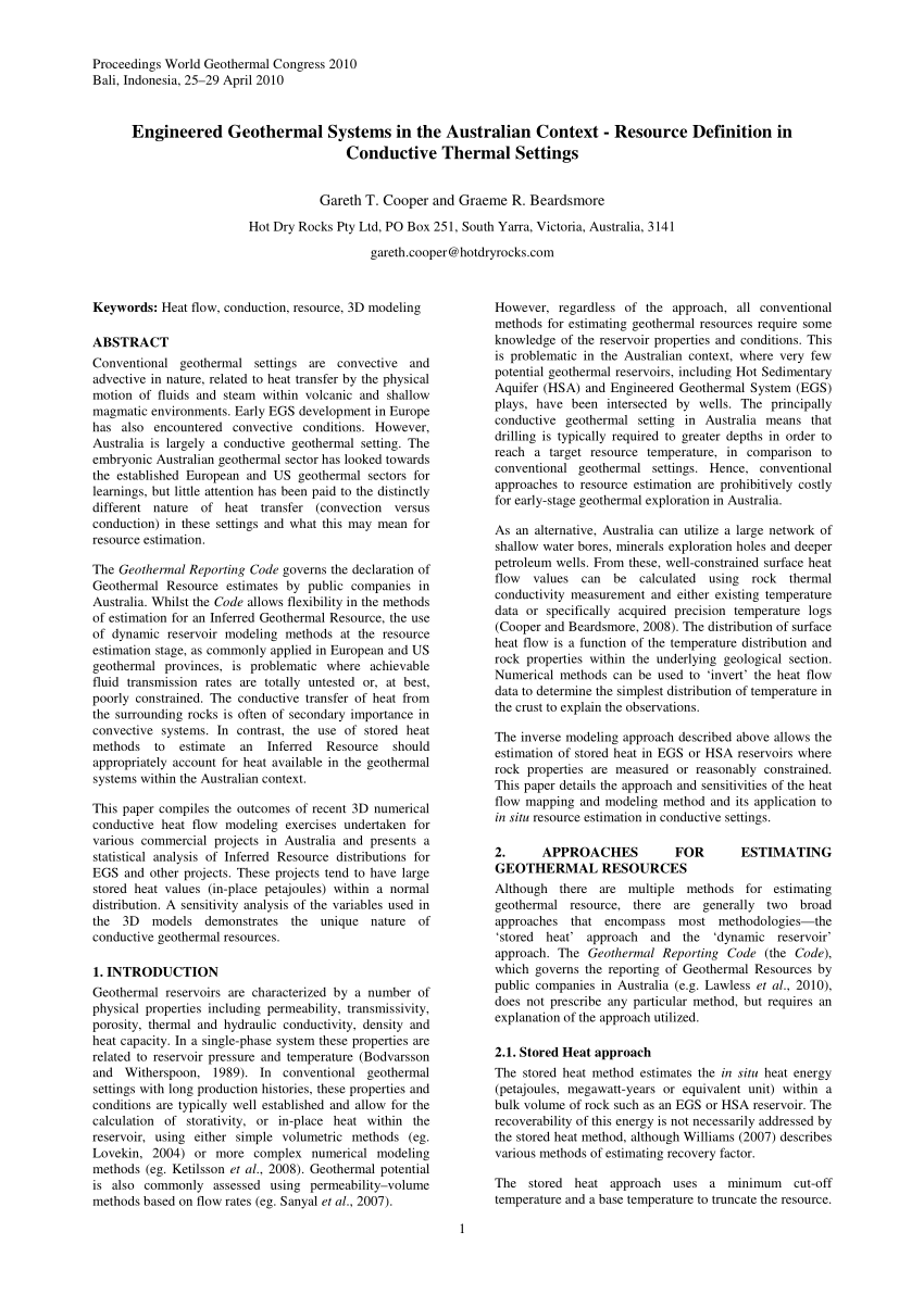 Pdf Engineered Geothermal Systems In The Australian Context Resource Definition In Conductive Thermal Settings