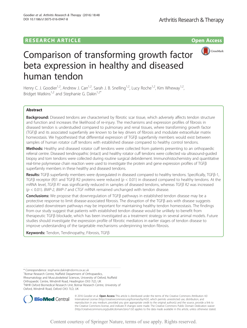 Pdf Comparison Of Transforming Growth Factor Beta Expression In Healthy And Diseased Human Tendon