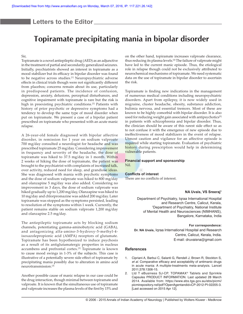 Pdf Topiramate Precipitating Mania In Bipolar Disorder