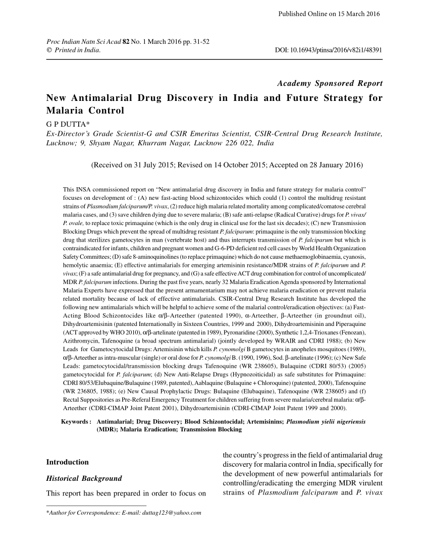 Pdf New Antimalarial Drug Discovery In India And Future Strategy For
