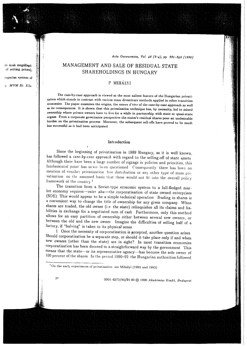 PDF Management and sale of residual state shareholdings in Hungary