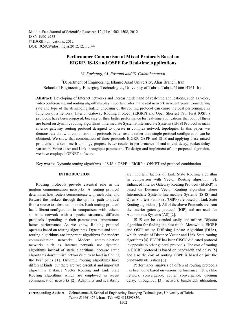 Pdf Performance Comparison Of Mixed Protocols Based On Eigrp Is Is And Ospf For Real Time Applications